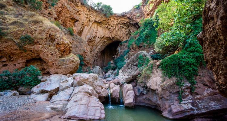 Kleiner Fluss, der durch eine felsige Schlucht mit Grünzeug fließt.