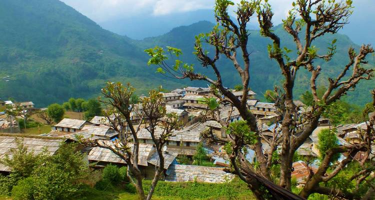 Vue panoramique d'un village de montagne entouré de verdure.