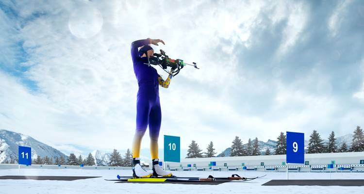 Biathlète visant avec un fusil sur un stand de tir dans un environnement enneigé.