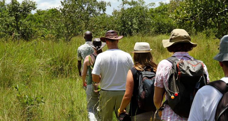 Group of tourists on a nature walk through grassy terrain.