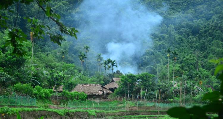 Rural scene with thatched huts and smoke rising in a forested area.