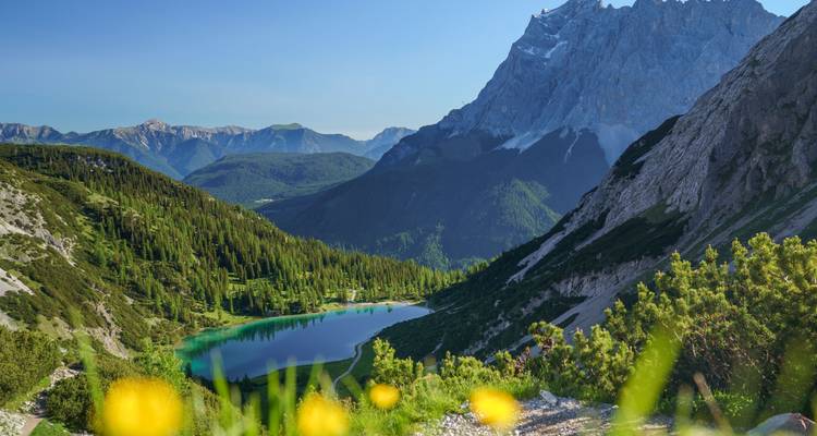 Malerischer Blick auf eine Berglandschaft in Österreich mit einem klaren See und üppigem Grün.
