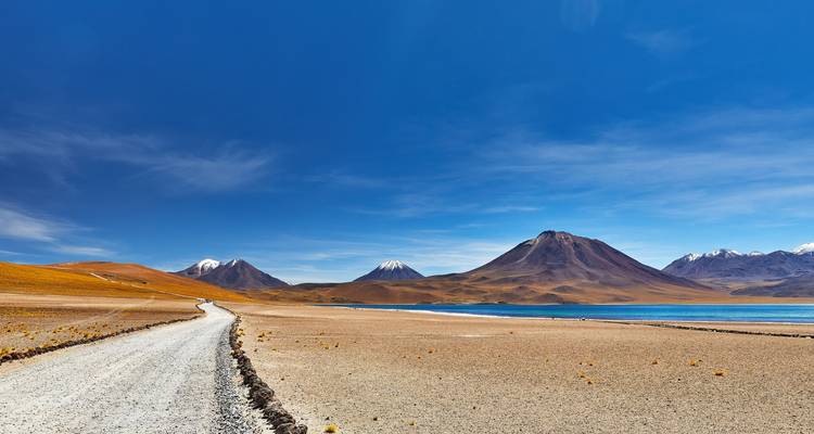 Woestijnlandschap met bergen in de verte en een heldere blauwe lucht.