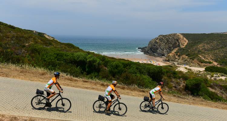 Cyclistes pédalant près d'une vue panoramique sur la plage.