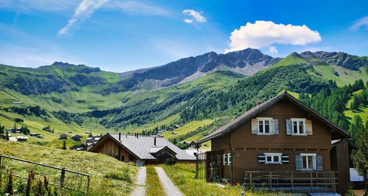Casas de madera en un entorno montañoso sereno.