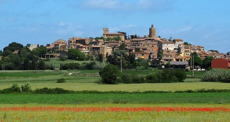 Rustic village on a hill with wide fields.