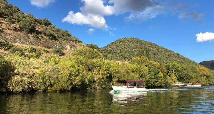 Bateau naviguant sur une rivière sereine entourée de collines et d'une végétation luxuriante.