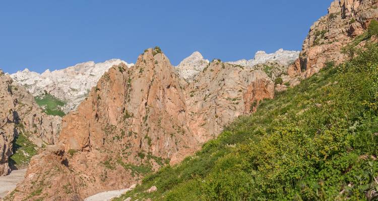Rocky mountains with green vegetation.