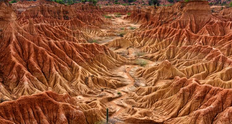 Formations rocheuses rouge vif et paysage désertique.