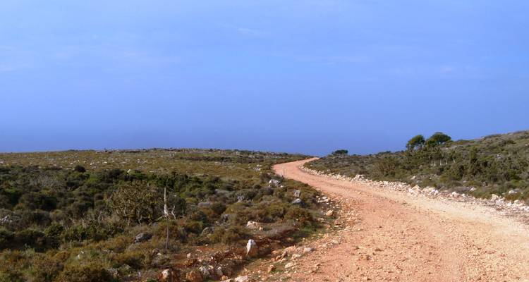 Une route de terre sinueuse à travers un paysage aride sous un ciel bleu.