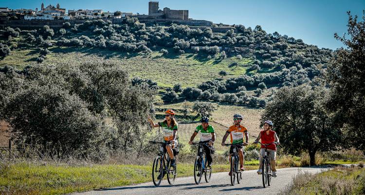 Group of cyclists riding through scenic countryside with a town in the background.