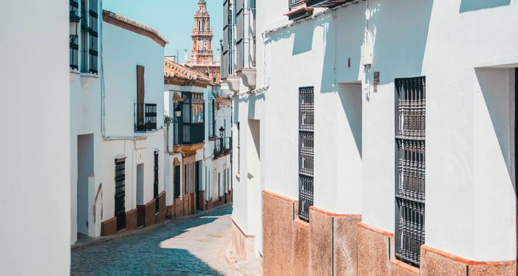 Narrow cobblestone street in Carmona, Spain with white buildings.