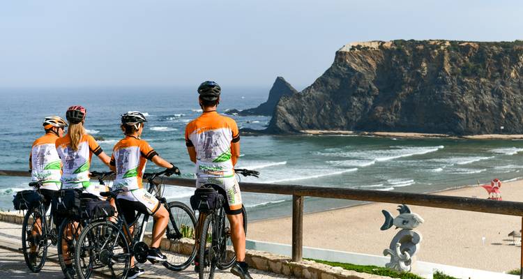 Des cyclistes contemplant une plage et l'océan depuis une rambarde par une journée ensoleillée.