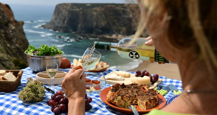 Gourmet picnic with wine, salads, and pastries overlooking a coastline.