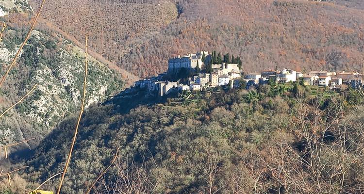 Een klein dorp gelegen op een heuvel omringd door bossen en bergen.