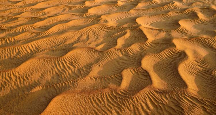 Door wind gevormde patronen op gouden zandduinen.