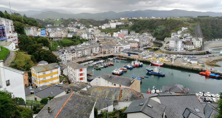 Ville côtière avec bateaux de pêche dans le port et bâtiments résidentiels.