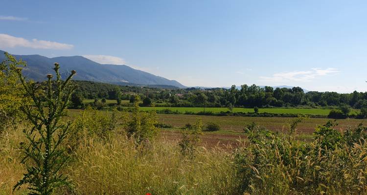 Countryside scene with fields and distant mountains.