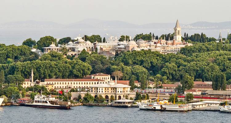Top view of historic buildings surrounded by trees, near the water.