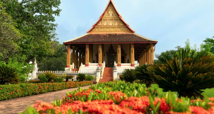 Beautiful traditional temple with floral foreground.