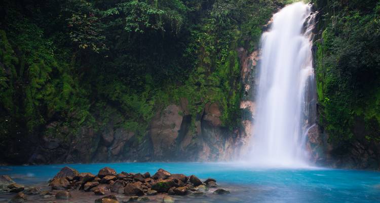 Beautiful waterfall cascading into a teal pool in a lush forest.