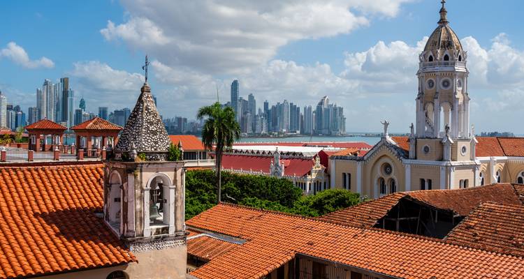 Skyline of Panama City with historical and modern buildings.