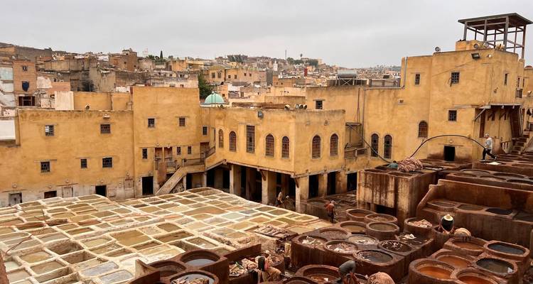La tannerie de Fès, Maroc avec les ouvriers et les cuves de teinture.