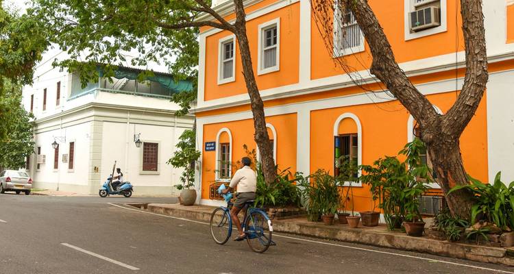 Un homme fait du vélo devant des bâtiments de style colonial français aux couleurs pastel, le long d'une rue tranquille bordée d'arbres.