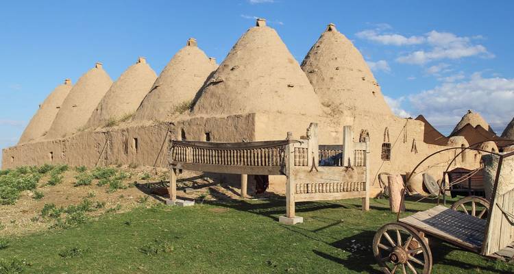 Casas tradicionales de colmena de ladrillos de barro de Harran bajo el cielo azul