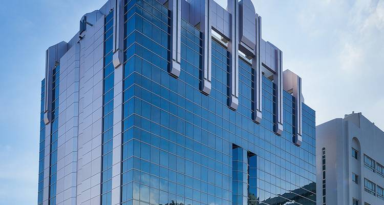Modern building with blue tinted windows.