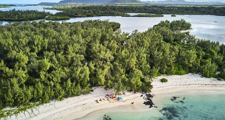 Vue aérienne d'une île verdoyante avec des plages de sable blanc.