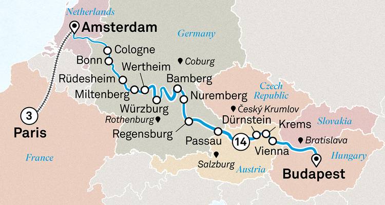Gran mapa de itinerario que conecta París y Ámsterdam con un largo crucero por el Danubio-Meno-Rin hasta Budapest.