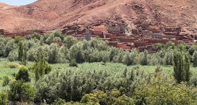 Traditioneel dorp met groen en bergen.