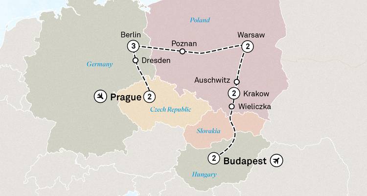 Mapa que muestra la ruta a través de países incluyendo ciudades y puntos de referencia.