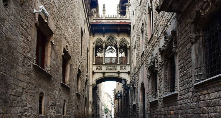 Gothic architectural bridge between narrow buildings.
