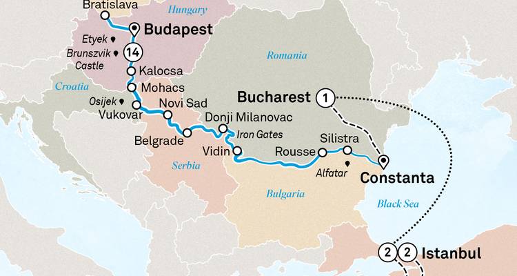 Mapa de crucero y extensión terrestre de Budapest a Estambul vía el Danubio y la costa del Mar Negro