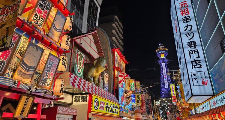 Neon-lit street in Japan with visible signage at night.