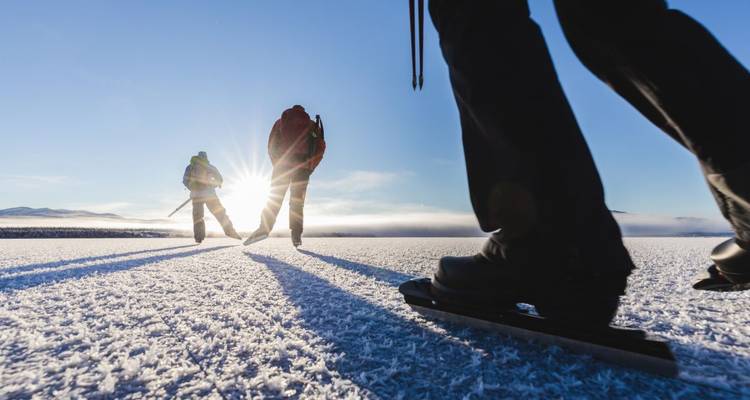 Patineurs en silhouette sur un paysage glacé avec un soleil éclatant.