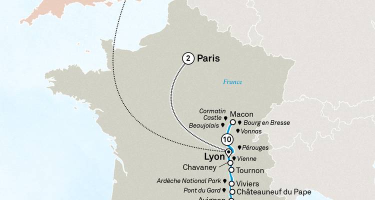 Kaart die het vliegtraject van de Parijs-uitbreiding toont naar de Rhône-cruise die begint in Lyon.
