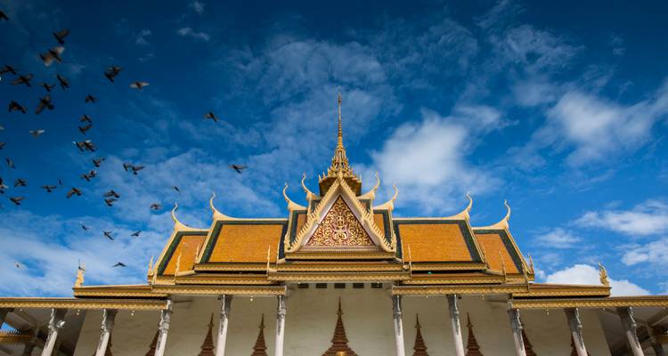 Techo dorado elegante y agujas ornamentadas del Palacio Real de Phnom Penh recortadas contra un cielo azul vivido con pájaros en vuelo.
