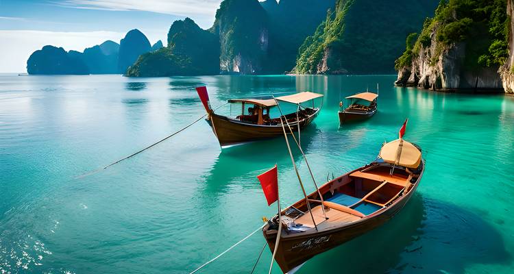 Traditionele houten boten op turquoise water met karstformaties.