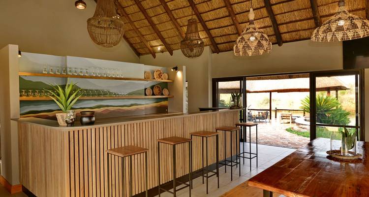 Bar area in a lodge with thatched roof and modern seating.