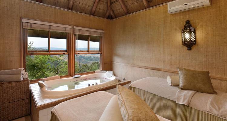 Interior of a luxury spa room with a large tub and scenic view.