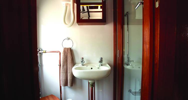 Compact train bathroom with a sink, mirror, and shower.