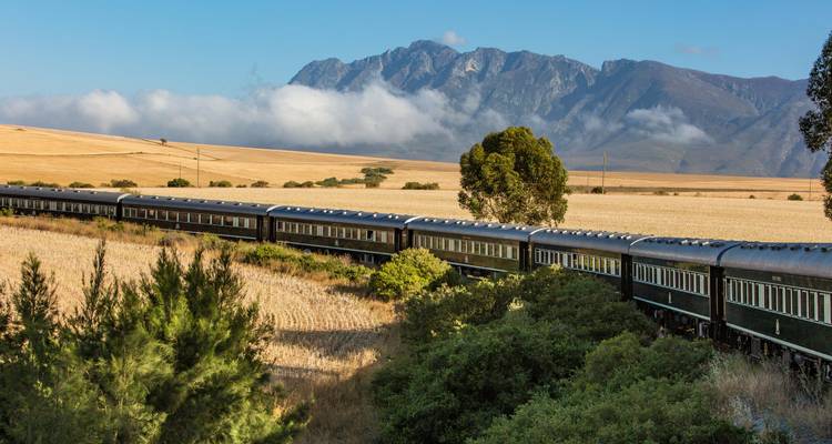 Train traveling through a scenic landscape with mountains.