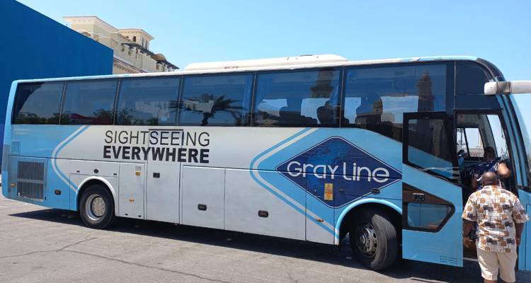 Autobus touristique Gray Line avec signalétique et des gens autour.