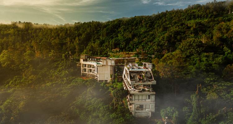 Bâtiment abandonné se détachant sur un paysage de jungle verte et luxuriante.
