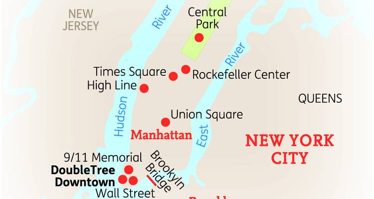 Carte de New York avec les monuments en surbrillance.