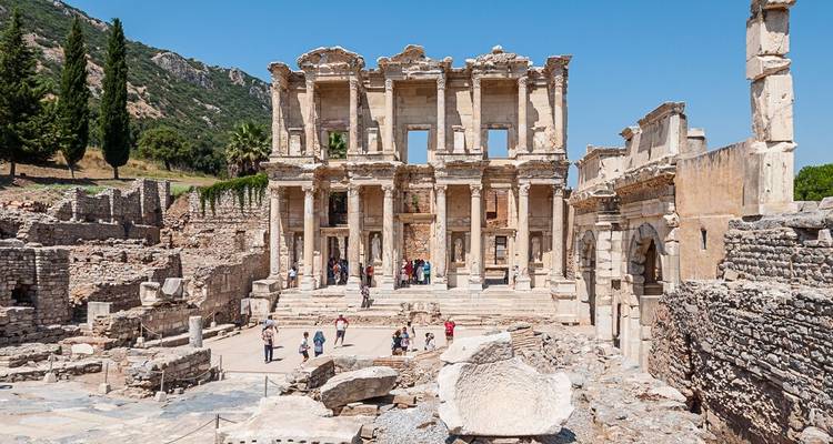 Ancient ruins with columns, possibly in Ephesus, Turkey.
