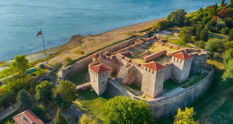 Vista aérea de una fortaleza medieval rodeada por un río y un paisaje verde.